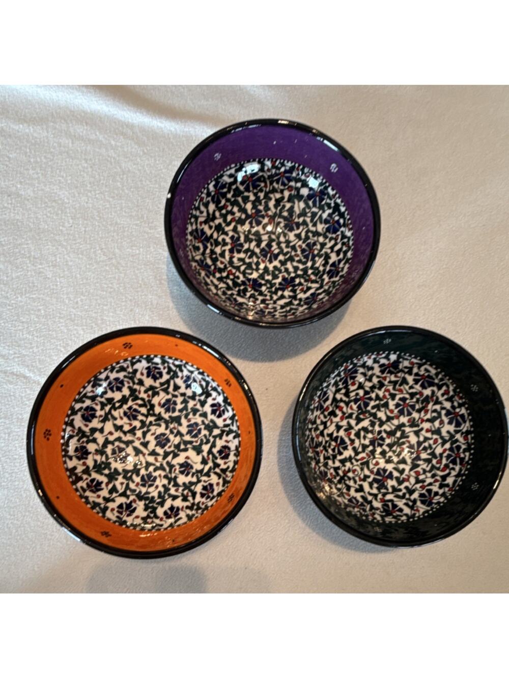 Turkish Antique Cini Hand-Painted Ceramic Floral Bowl Set of 3